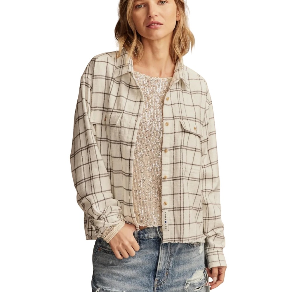 Lucky Brand Women's Plaid Cropped Button Down Shirt White Black L Raw Edge NWT